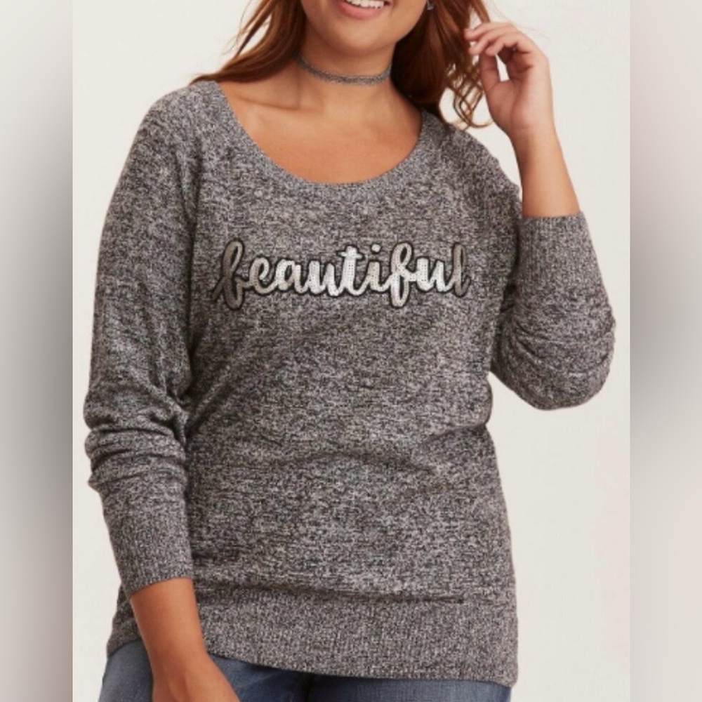 Torrid Gray Sequin “Beautiful” Raglan Sweater